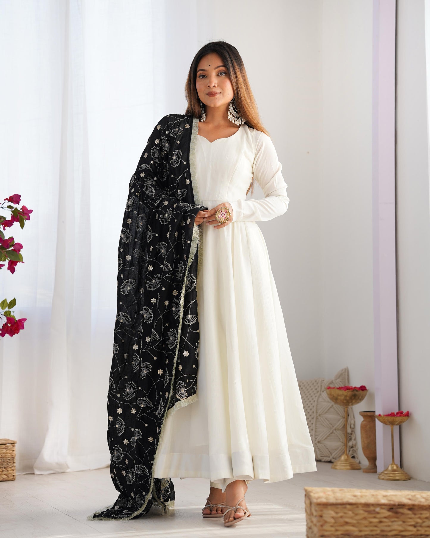 White Soft Vichitra Silk Anarkali Suit Set with Flared Gown, Black Dupatta & Pants