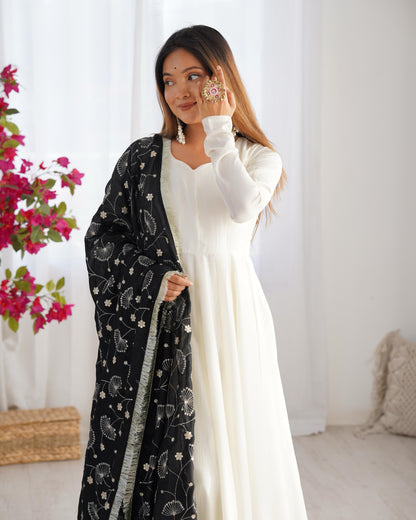 White Soft Vichitra Silk Anarkali Suit Set with Flared Gown, Black Dupatta & Pants