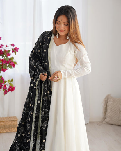 White Soft Vichitra Silk Anarkali Suit Set with Flared Gown, Black Dupatta & Pants