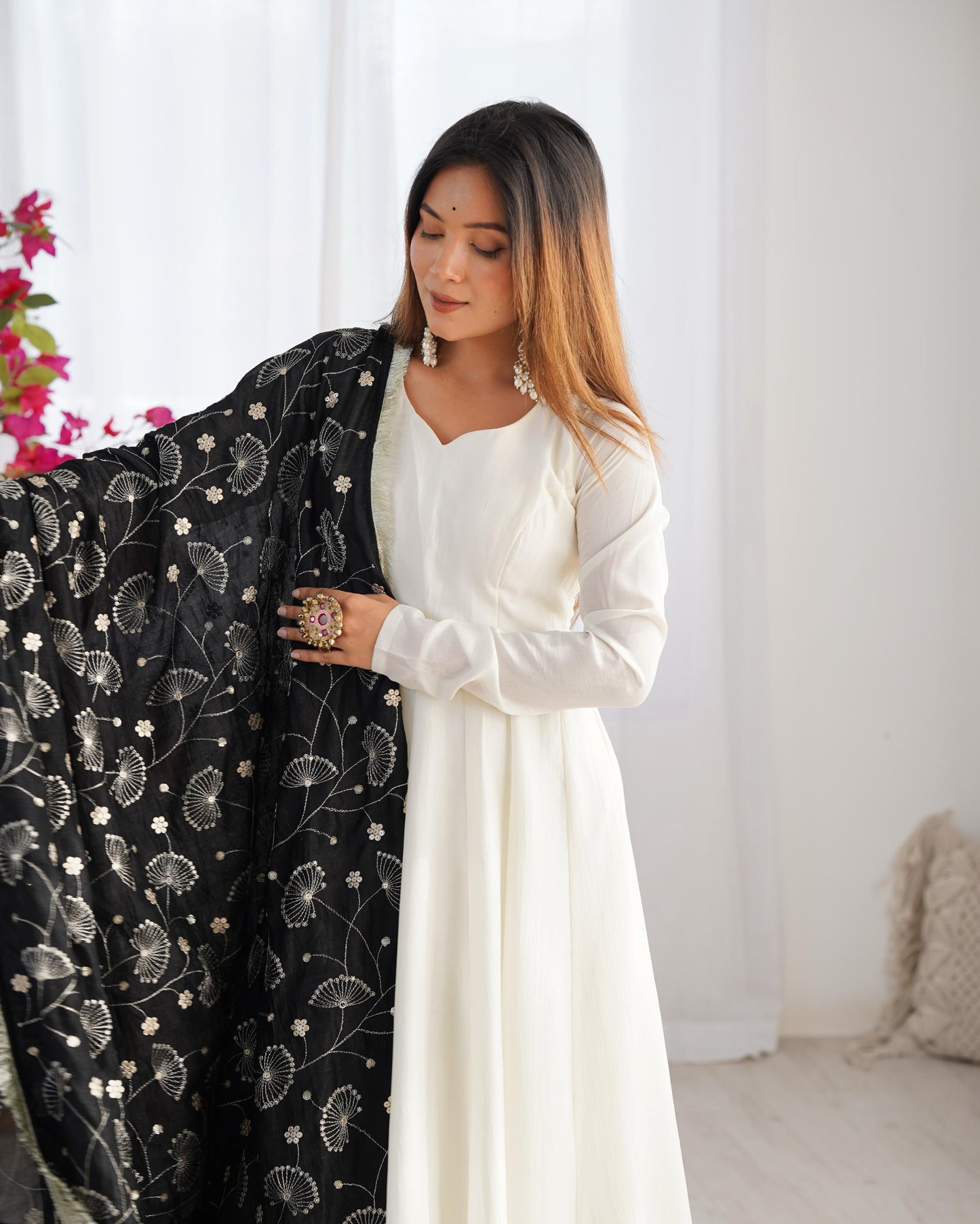 White Soft Vichitra Silk Anarkali Suit Set with Flared Gown, Black Dupatta & Pants