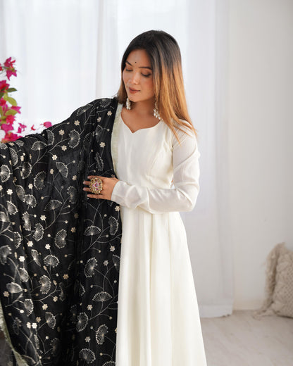 White Soft Vichitra Silk Anarkali Suit Set with Flared Gown, Black Dupatta & Pants