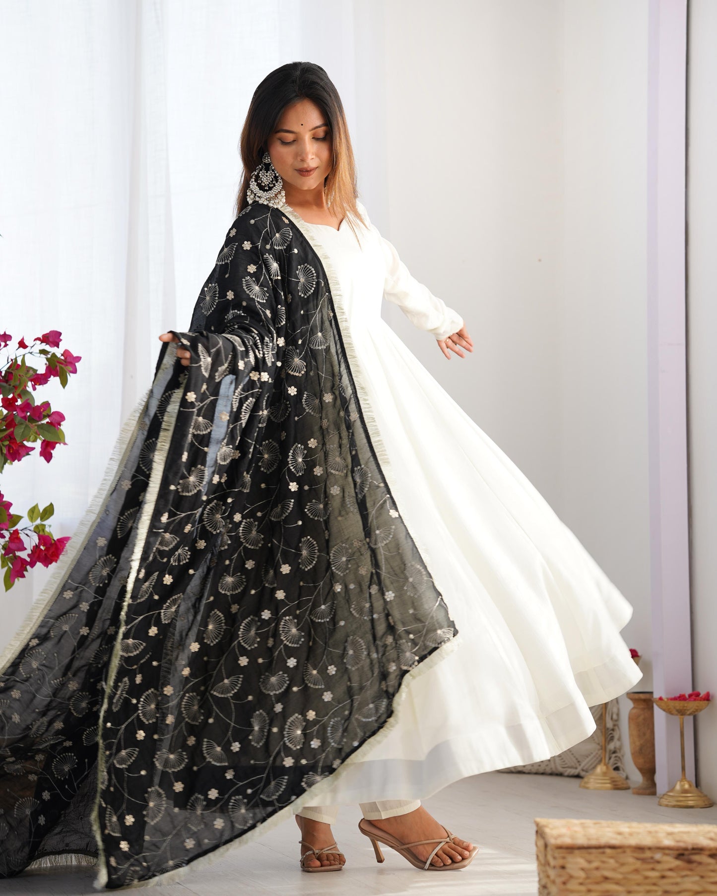 White Soft Vichitra Silk Anarkali Suit Set with Flared Gown, Black Dupatta & Pants