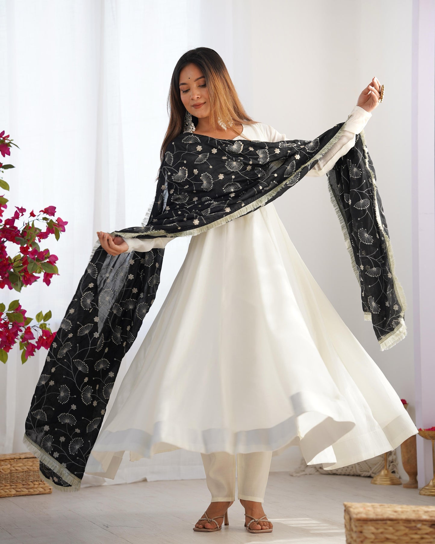 White Soft Vichitra Silk Anarkali Suit Set with Flared Gown, Black Dupatta & Pants