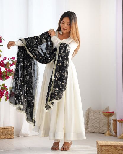 White Soft Vichitra Silk Anarkali Suit Set with Flared Gown, Black Dupatta & Pants