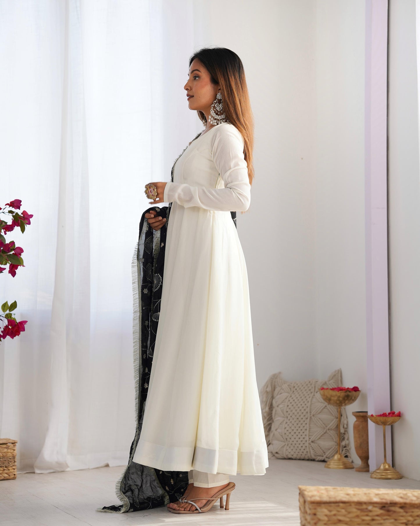 White Soft Vichitra Silk Anarkali Suit Set with Flared Gown, Black Dupatta & Pants