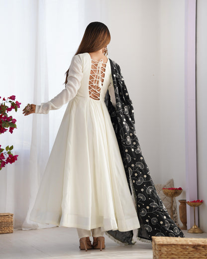 White Soft Vichitra Silk Anarkali Suit Set with Flared Gown, Black Dupatta & Pants
