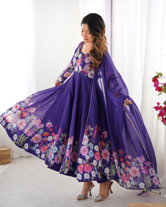 Purple Soft Organza Anarkali Suit Set with Flared Gown, Dupatta & Pants