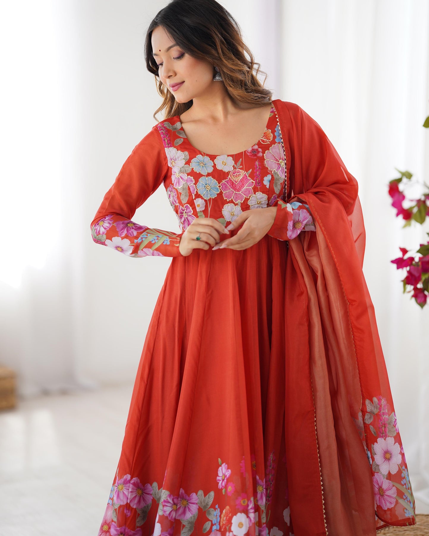 Rust Soft Organza Anarkali Suit Set with Flared Gown, Dupatta & Pants