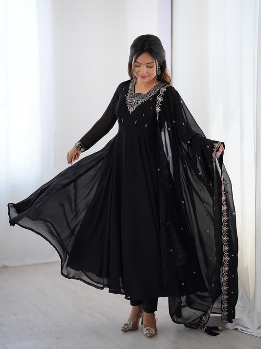 Black Fox Georgette Anarkali Set with Beadwork, Lace Dupatta & Pants
