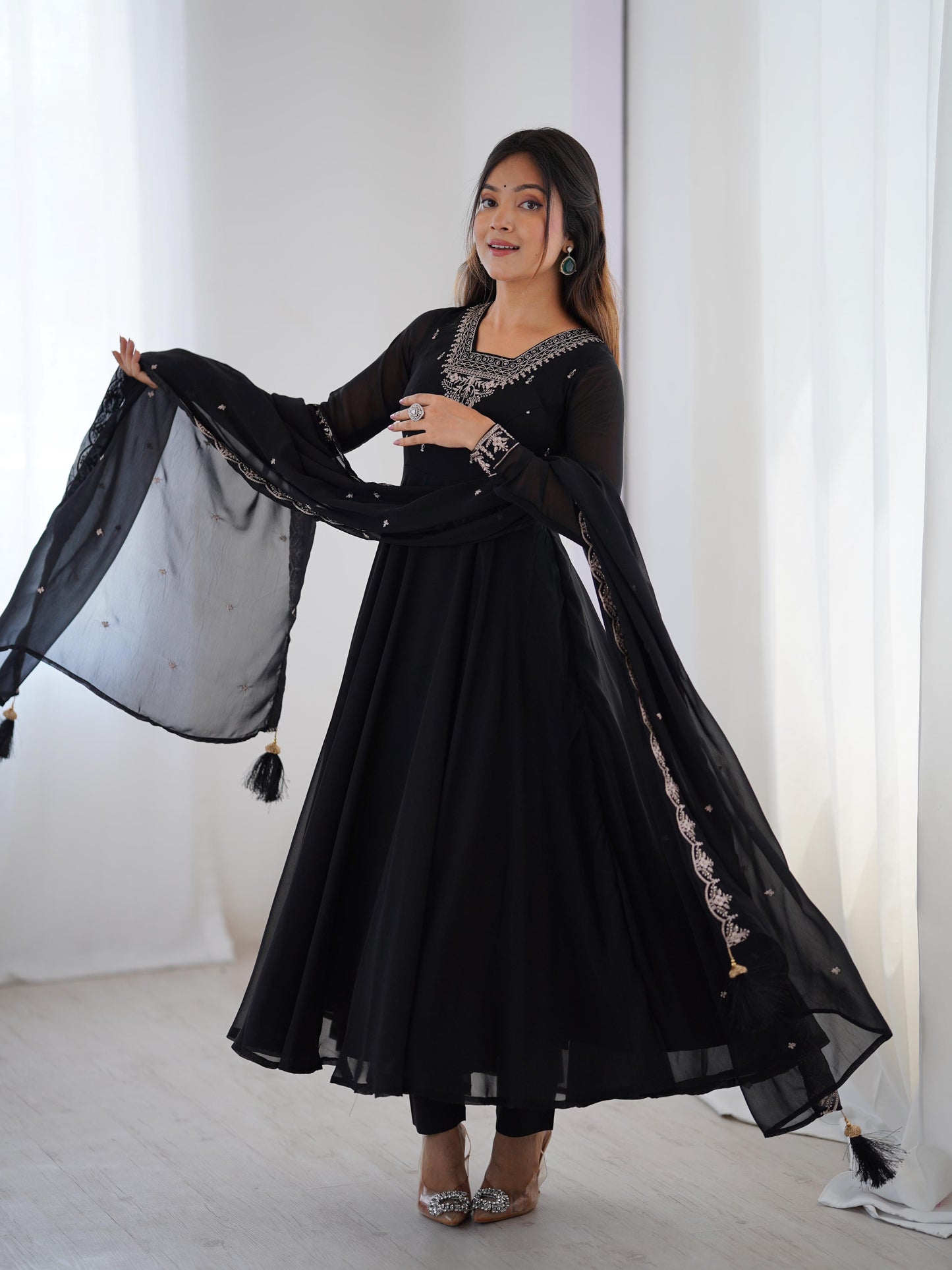 Black Fox Georgette Anarkali Set with Beadwork, Lace Dupatta & Pants
