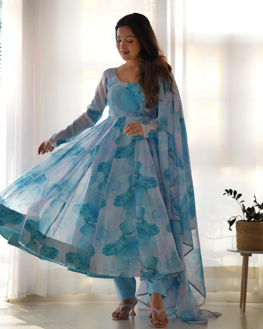 Sky Blue Soft Organza Anarkali Suit Set with Flared Gown, Dupatta & Pants