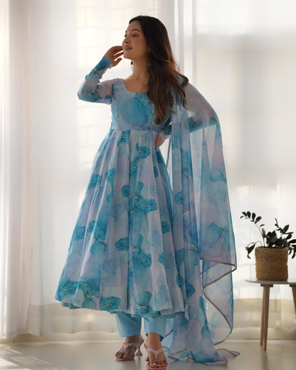 Sky Blue Soft Organza Anarkali Suit Set with Flared Gown, Dupatta & Pants