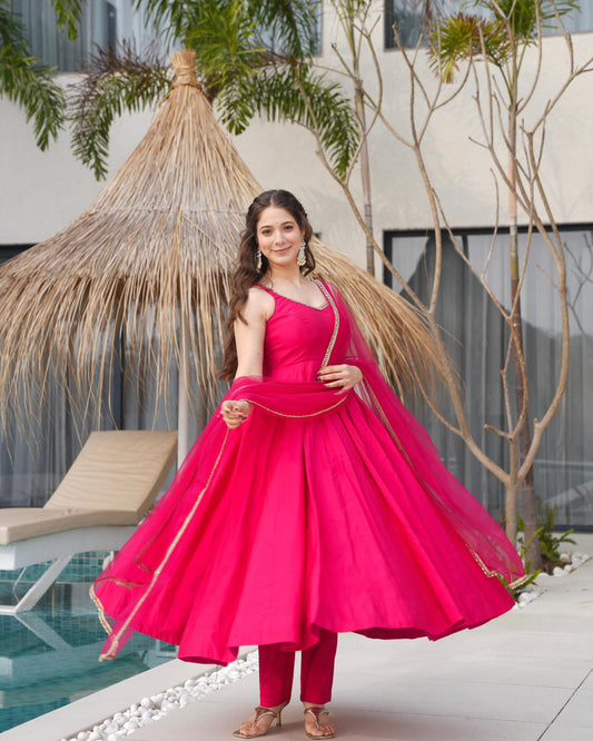 Pink Roman Silk Chanderi Anarkali Suit Set with Flared Gown, Dupatta & Pants
