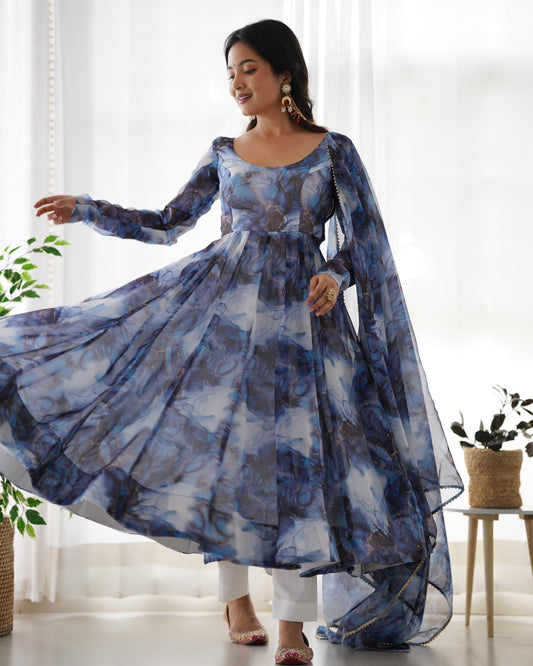 Navy Blue Soft Organza Anarkali Suit Set with Flared Gown, Dupatta & Pants