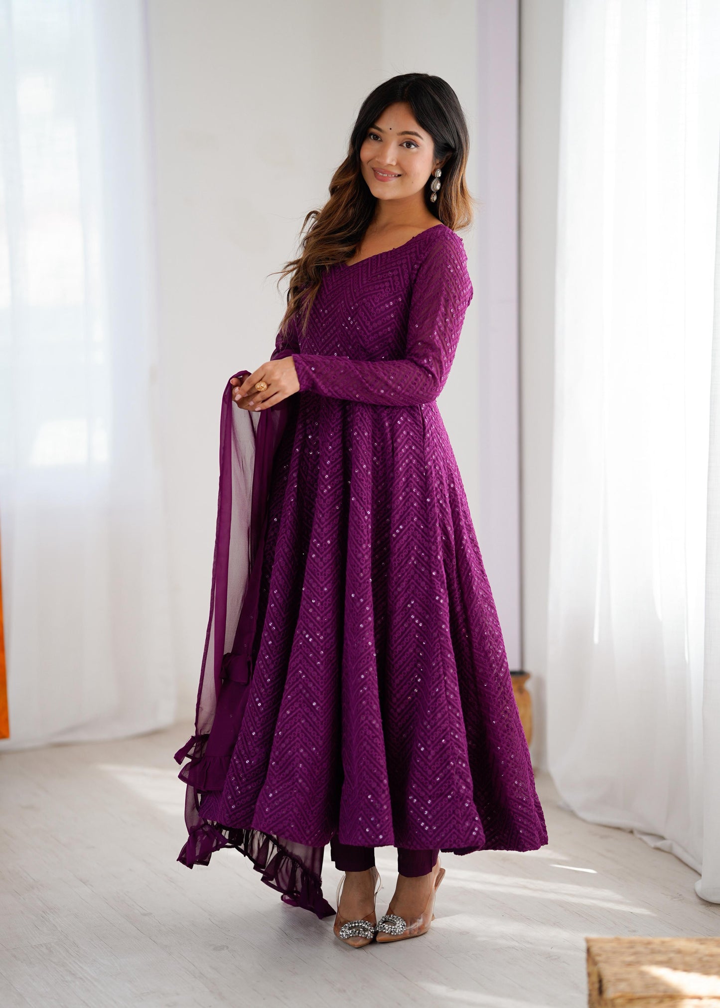 Wine Soft Fox Georgette Anarkali Suit Set with Flared Gown, Dupatta & Pants