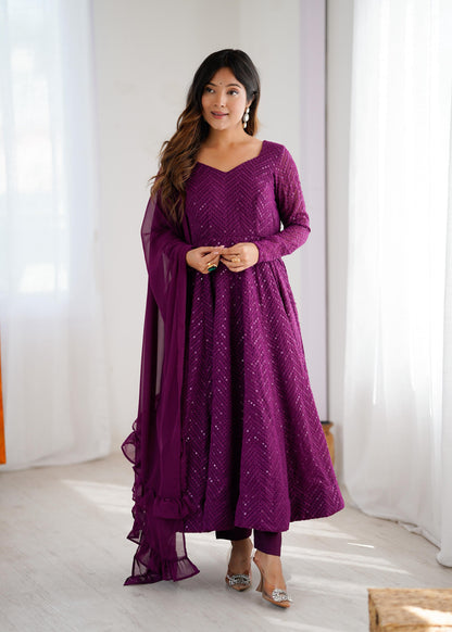 Wine Soft Fox Georgette Anarkali Suit Set with Flared Gown, Dupatta & Pants