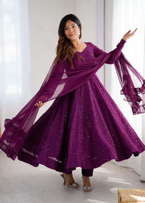 Wine Soft Fox Georgette Anarkali Suit Set with Flared Gown, Dupatta & Pants