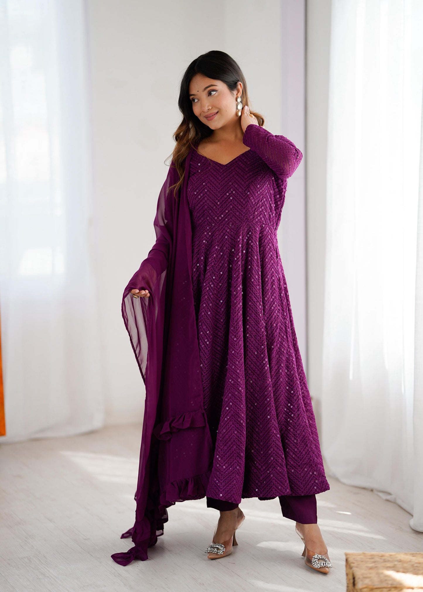 Wine Soft Fox Georgette Anarkali Suit Set with Flared Gown, Dupatta & Pants