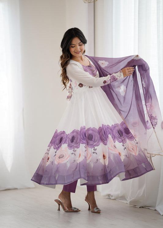 Violet Soft Organza Anarkali Suit Set with Flared Gown, Dupatta & Pants