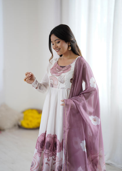 Onion Pink Soft Organza Anarkali Suit Set with Flared Gown, Dupatta & Pants