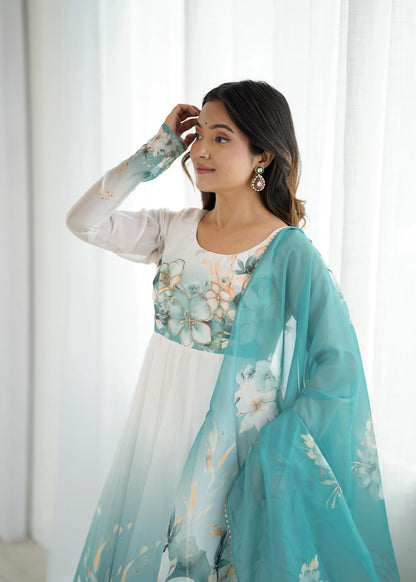 Aqua Blue Organza Anarkali Suit with Zari Work, Dupatta & Pants