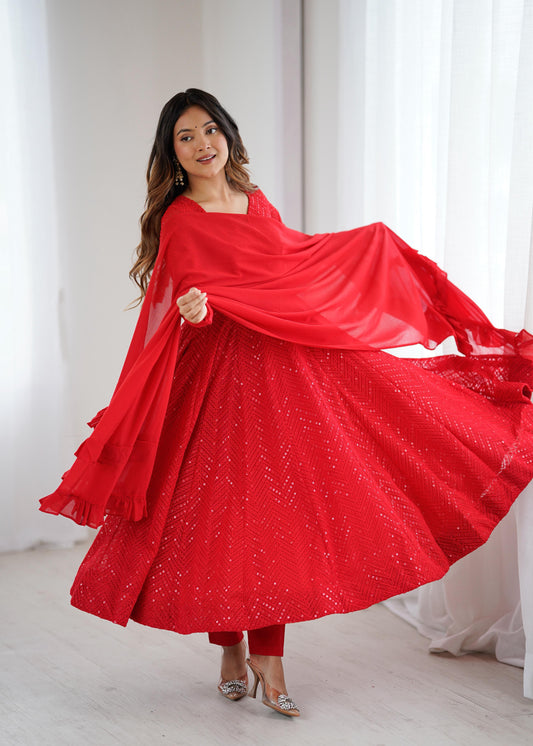 Red Soft Fox Georgette Anarkali Suit Set with Flared Gown, Dupatta & Pants
