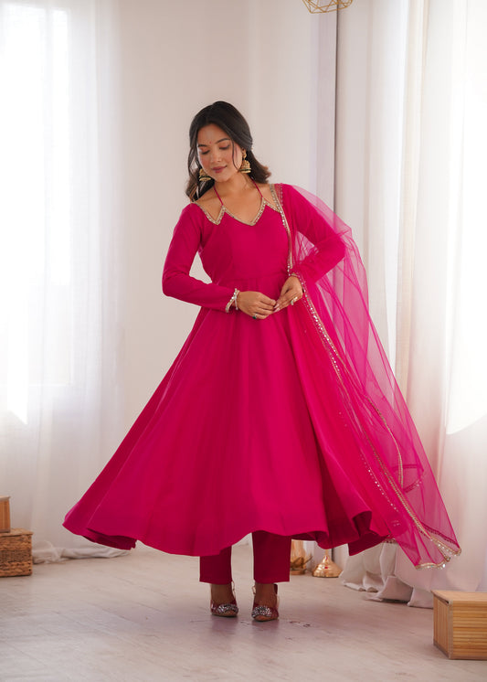 Pink Roman Silk Chanderi Anarkali Suit Set with Pant & Net Dupatta | Ready to Wear Festive Ethnic Outfit