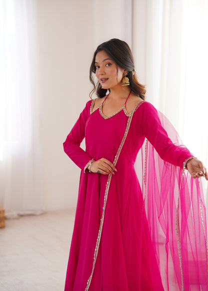Pink Roman Silk Chanderi Anarkali Suit Set with Pant & Net Dupatta | Ready to Wear Festive Ethnic Outfit