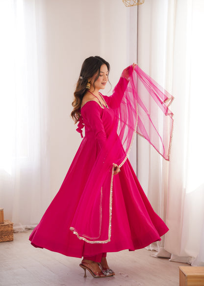 Pink Roman Silk Chanderi Anarkali Suit Set with Pant & Net Dupatta | Ready to Wear Festive Ethnic Outfit