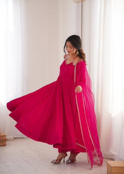 Pink Roman Silk Chanderi Anarkali Suit Set with Pant & Net Dupatta | Ready to Wear Festive Ethnic Outfit