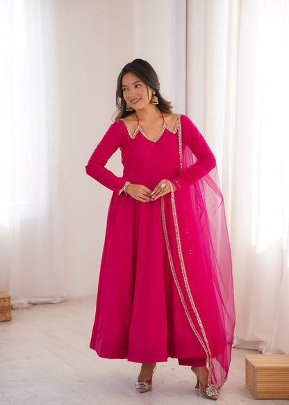Pink Roman Silk Chanderi Anarkali Suit Set with Pant & Net Dupatta | Ready to Wear Festive Ethnic Outfit
