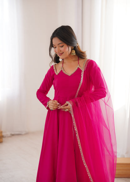 Pink Roman Silk Chanderi Anarkali Suit Set with Pant & Net Dupatta | Ready to Wear Festive Ethnic Outfit