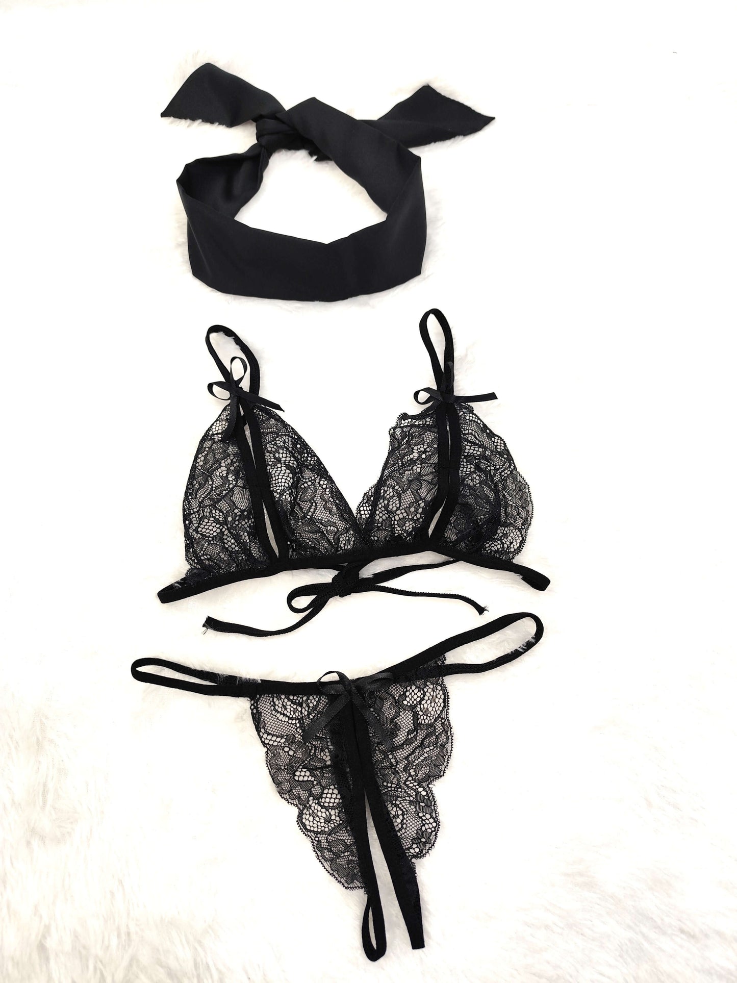 Black Transparent Lingerie Set With a Satin Eye Mask