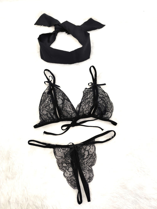 Black Transparent Lingerie Set With a Satin Eye Mask