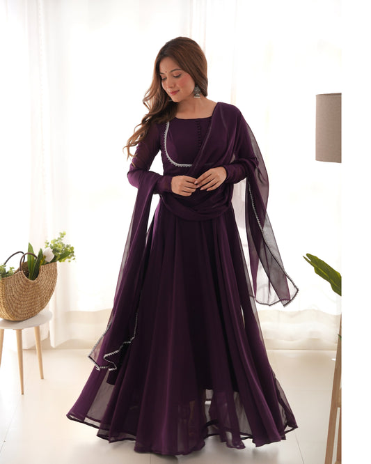 Wine Soft Fox Georgette Anarkali Suit Set with Flared Gown, Dupatta & Pants