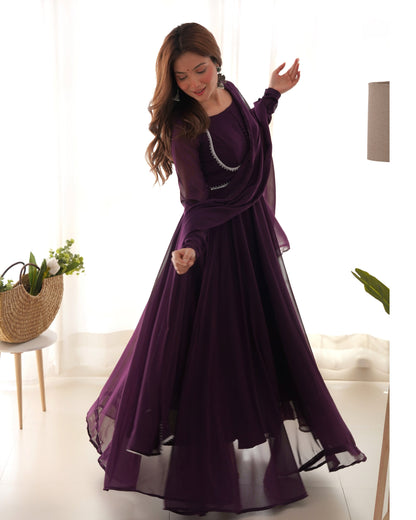 Wine Soft Fox Georgette Anarkali Suit Set with Flared Gown, Dupatta & Pants