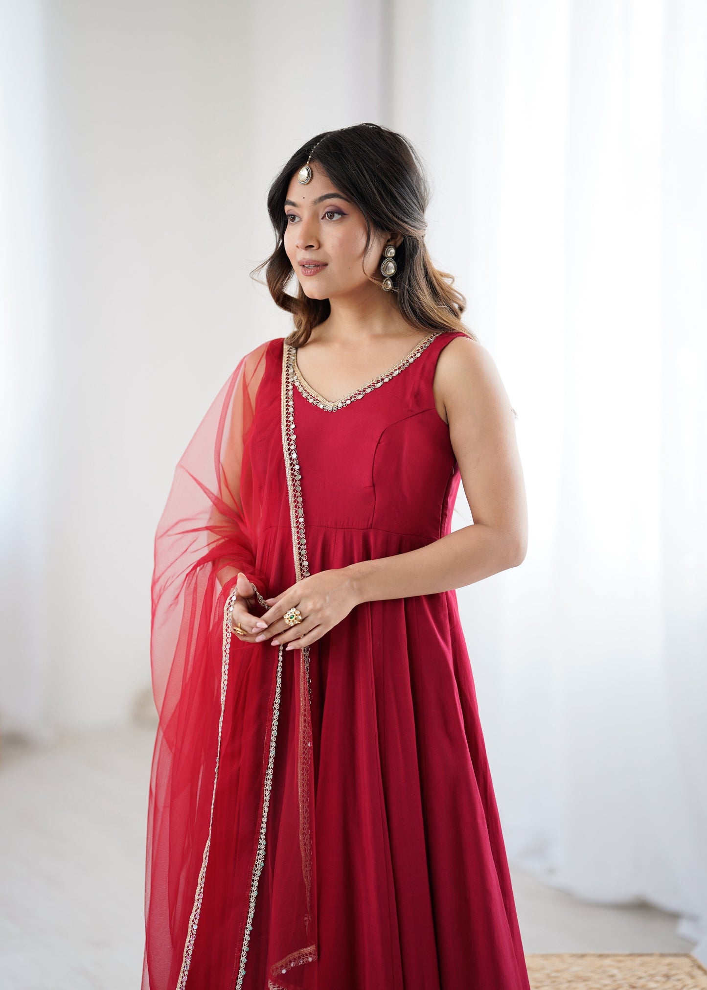 Maroon Anarkali Suit Set with Roman Silk Fabric, Pant and Net Dupatta