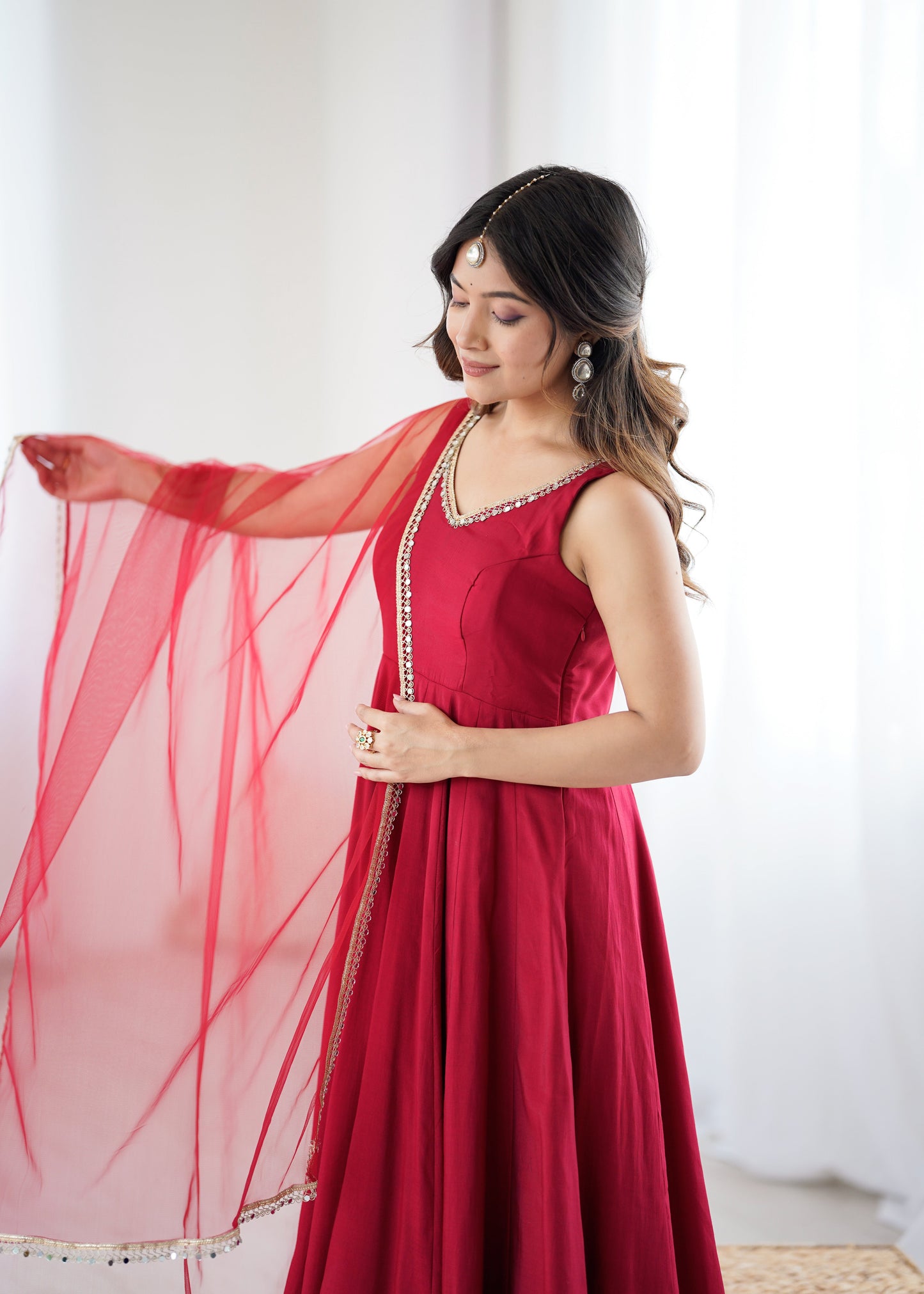 Maroon Anarkali Suit Set with Roman Silk Fabric, Pant and Net Dupatta