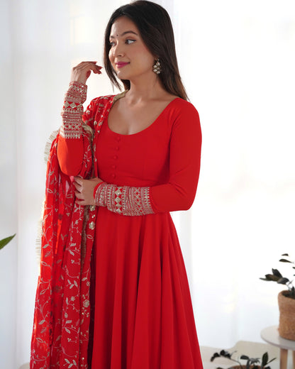 Red Soft Fox Georgette Anarkali Suit Set with Flared Gown, Dupatta & Pants