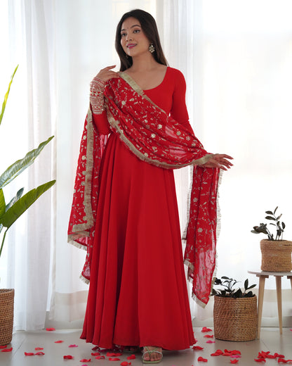 Red Soft Fox Georgette Anarkali Suit Set with Flared Gown, Dupatta & Pants