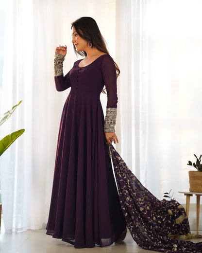 Wine Soft Fox Georgette Anarkali Suit Set with Flared Gown, Dupatta & Pants