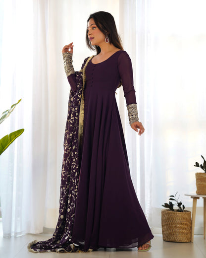 Wine Soft Fox Georgette Anarkali Suit Set with Flared Gown, Dupatta & Pants