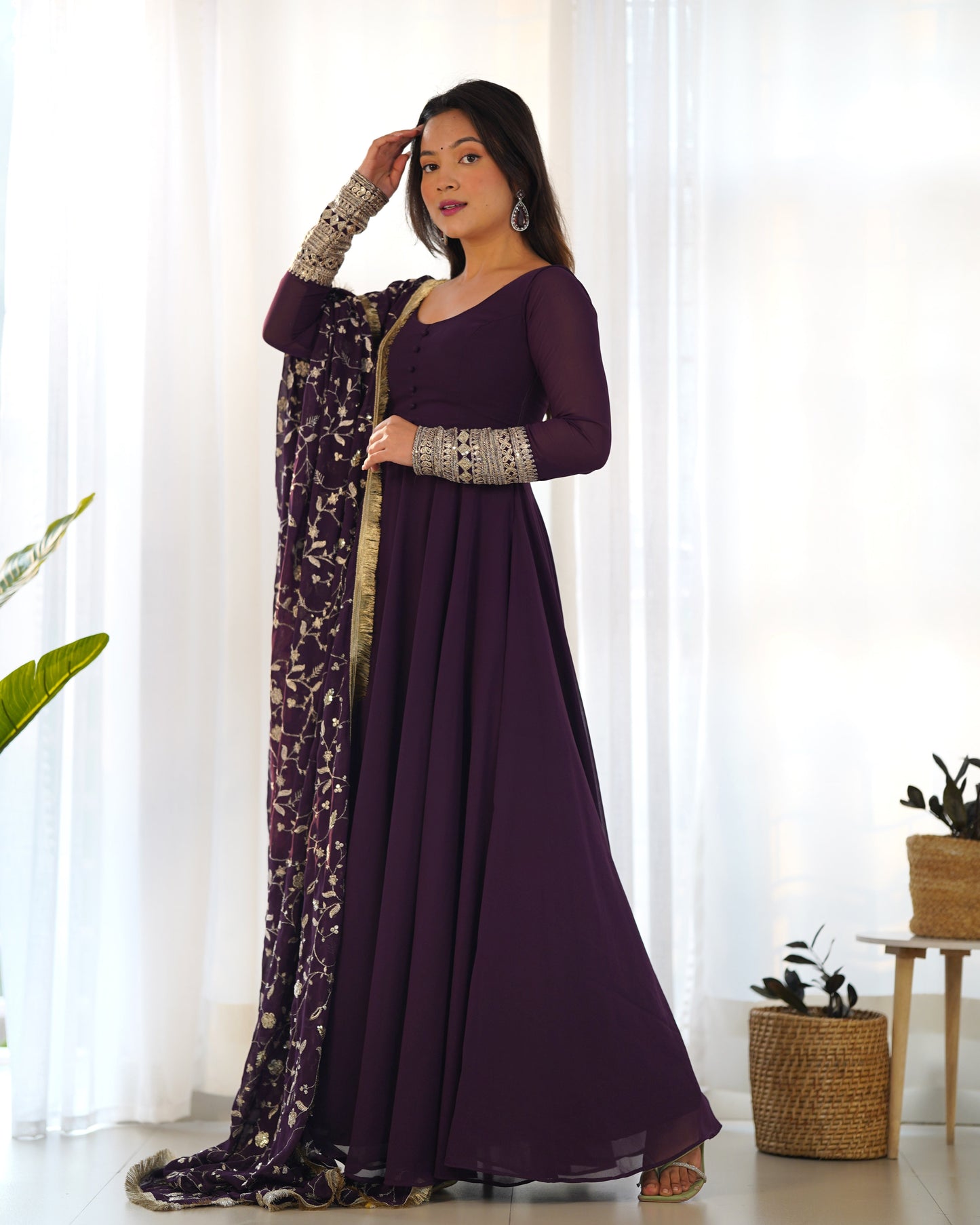 Wine Soft Fox Georgette Anarkali Suit Set with Flared Gown, Dupatta & Pants