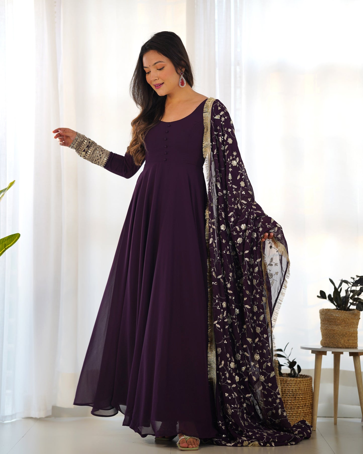 Wine Soft Fox Georgette Anarkali Suit Set with Flared Gown, Dupatta & Pants
