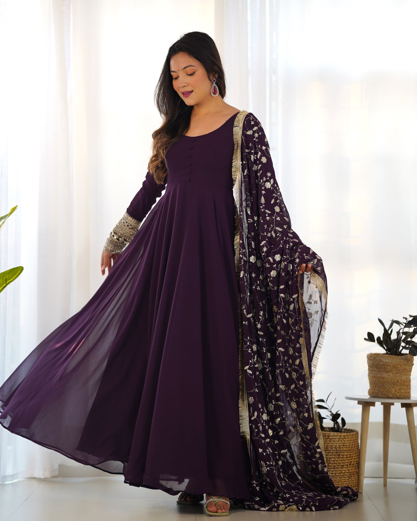 Wine Soft Fox Georgette Anarkali Suit Set with Flared Gown, Dupatta & Pants