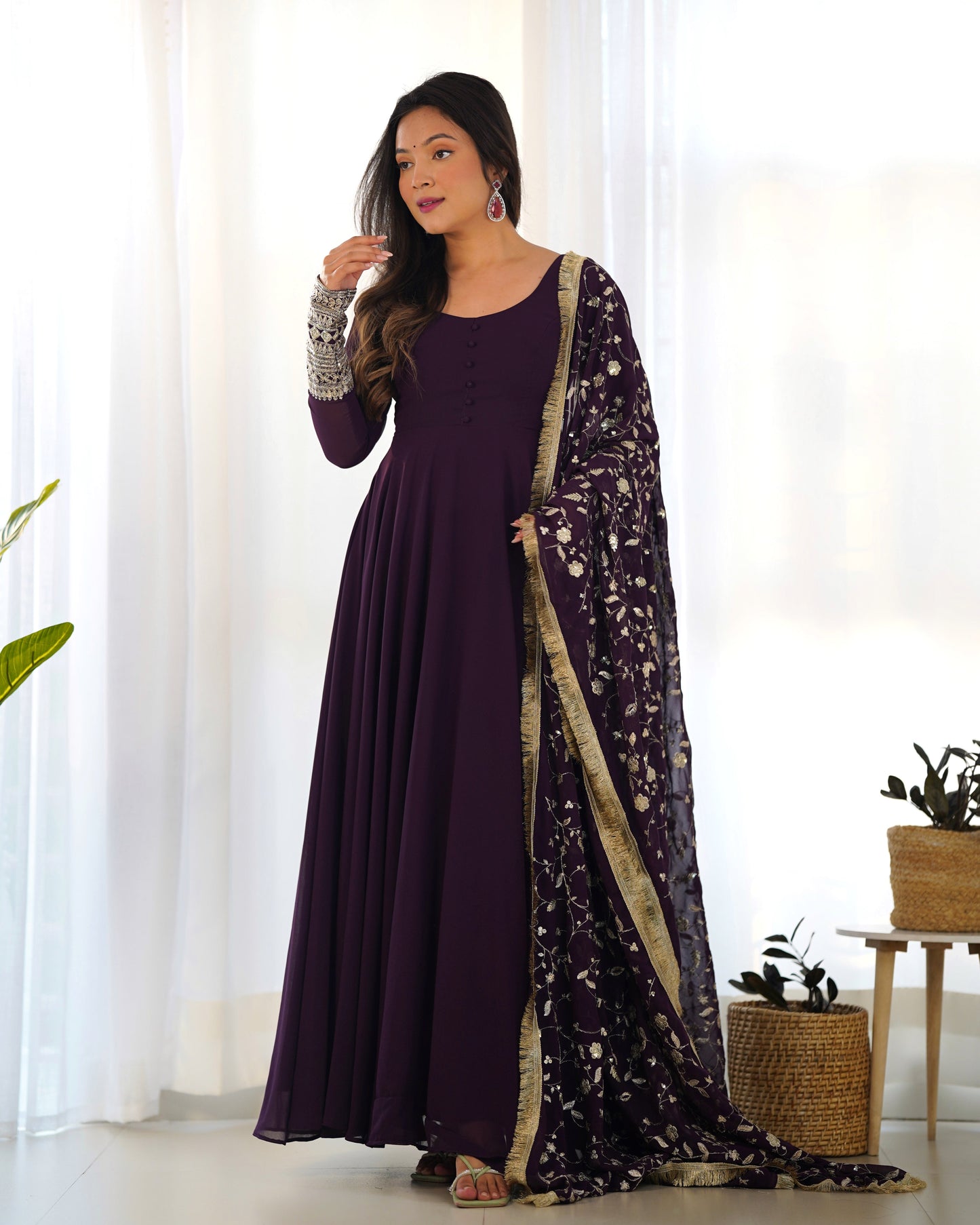 Wine Soft Fox Georgette Anarkali Suit Set with Flared Gown, Dupatta & Pants