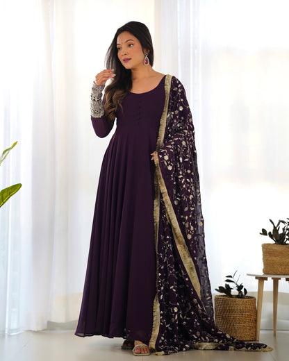 Wine Soft Fox Georgette Anarkali Suit Set with Flared Gown, Dupatta & Pants