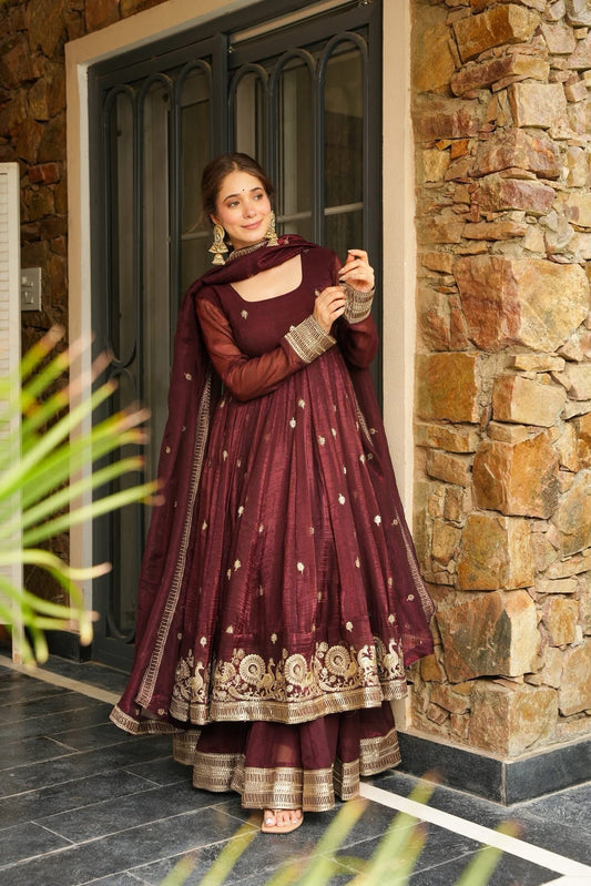 Maroon Anarkali Suit Set in Shimmer Silk with Pant and Georgette Dupatta