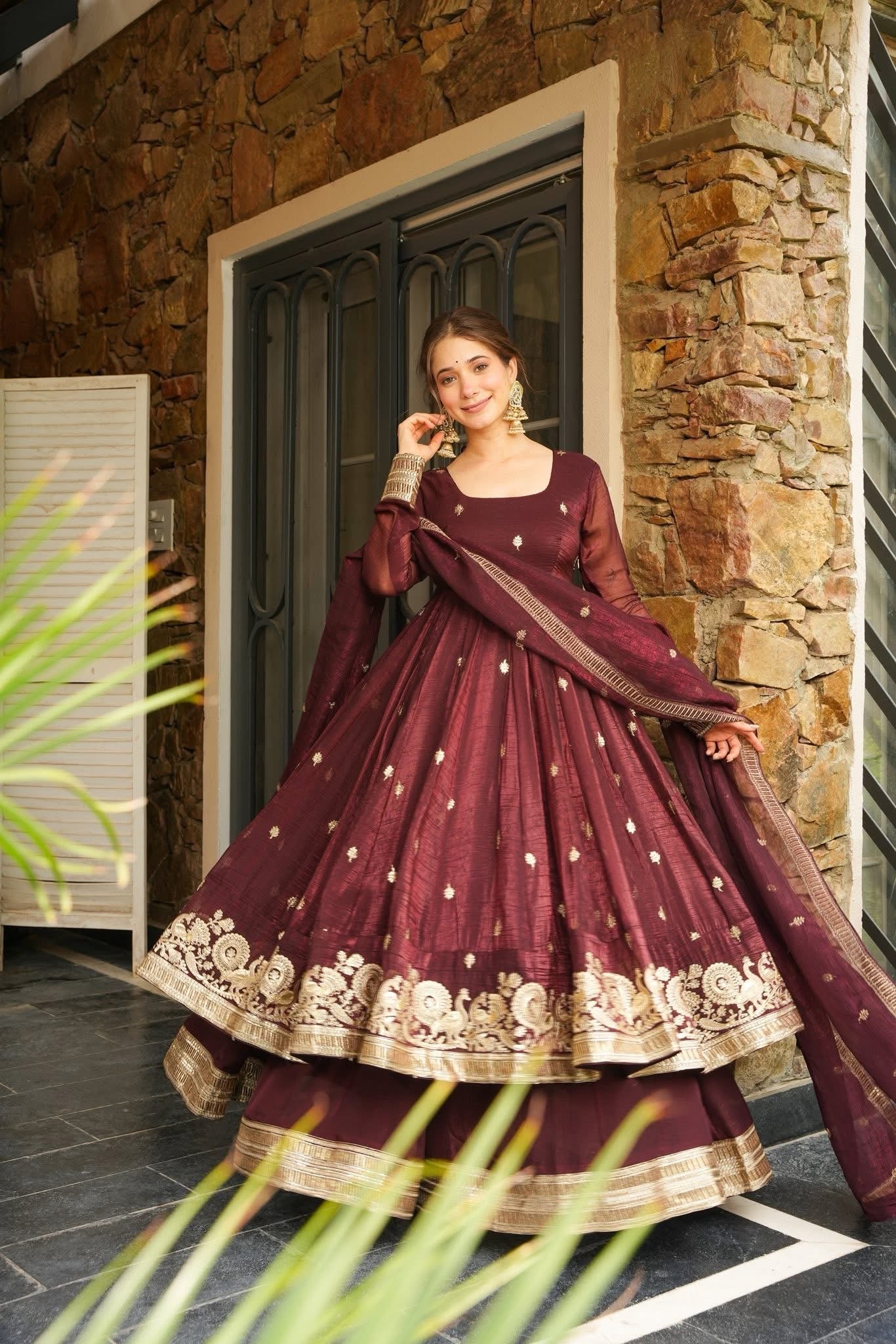 Maroon Anarkali Suit Set in Shimmer Silk with Pant and Georgette Dupatta