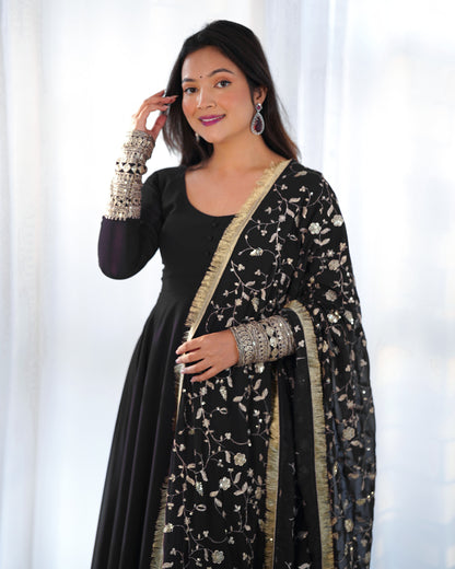 Black Fox Georgette Anarkali Gown Set with Embroidered Dupatta & Pants